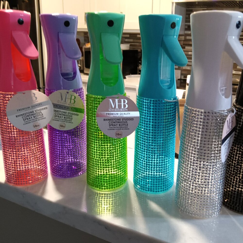 Rhinestone studded continuous spray 10oz  bottles in a mix of fun colors